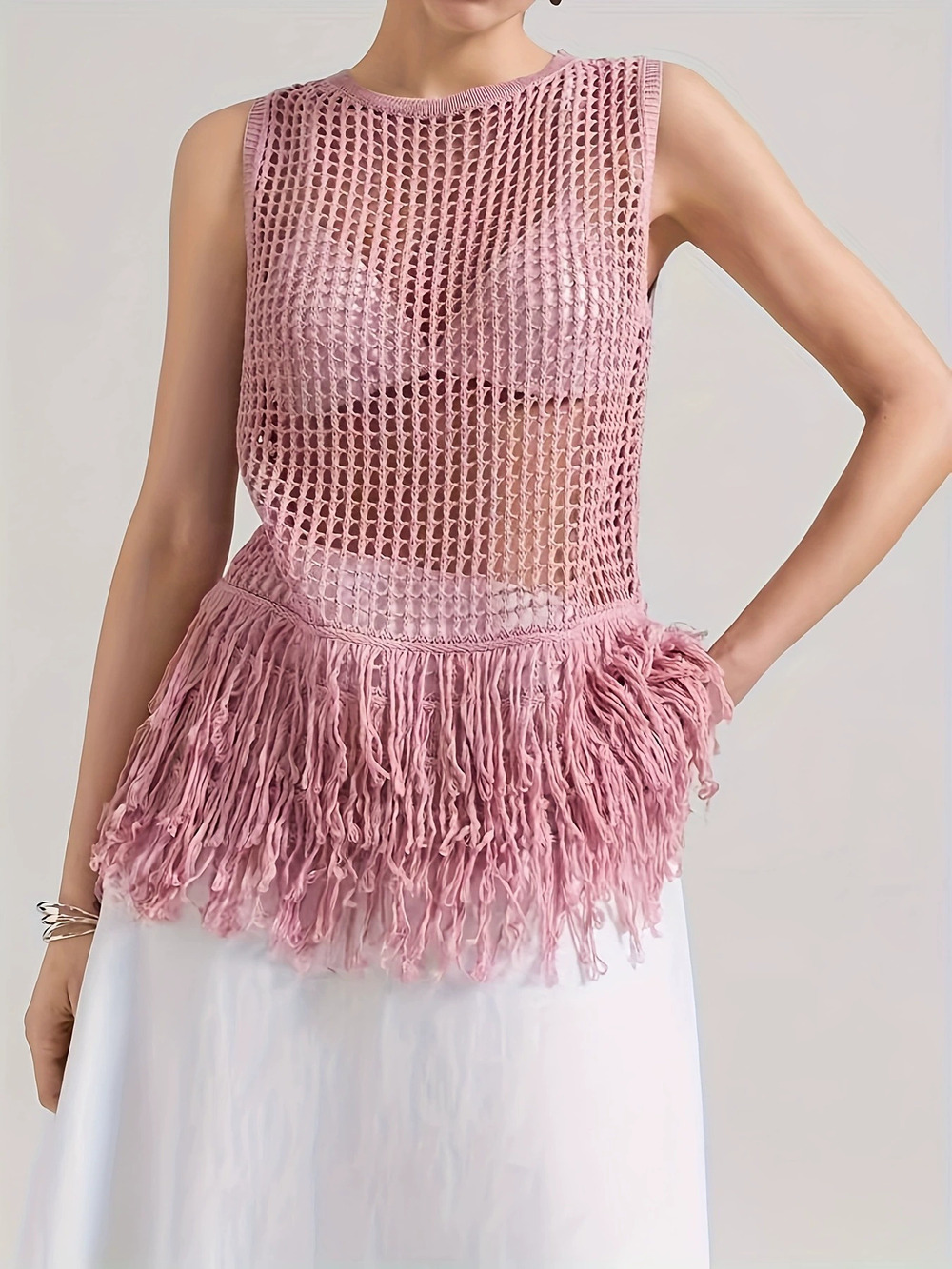 ZARA Summer Pink Mesh Fringe Indie Tank Top Women